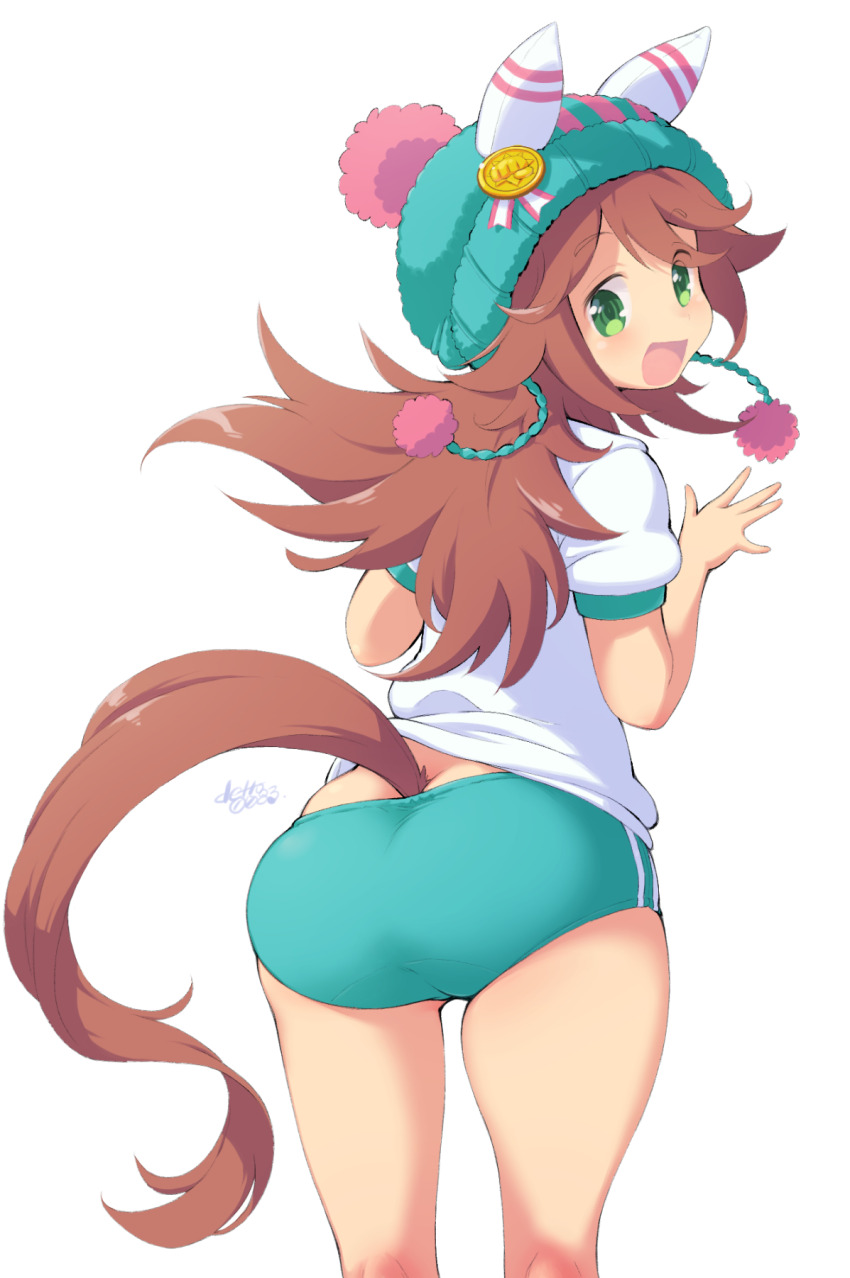 1girl, alternate_costume, animal_ears, ass, beanie, blush, brown_hair, commentary_request, deto, green_eyes, hair_between_eyes, hair_ornament, highres, horse_ears, horse_tail, looking_at_viewer, looking_back, pom_pom_(clothes), pom_pom_beanie, samson_big_(umamusume), signature, solo, tail, umamusume, white_background