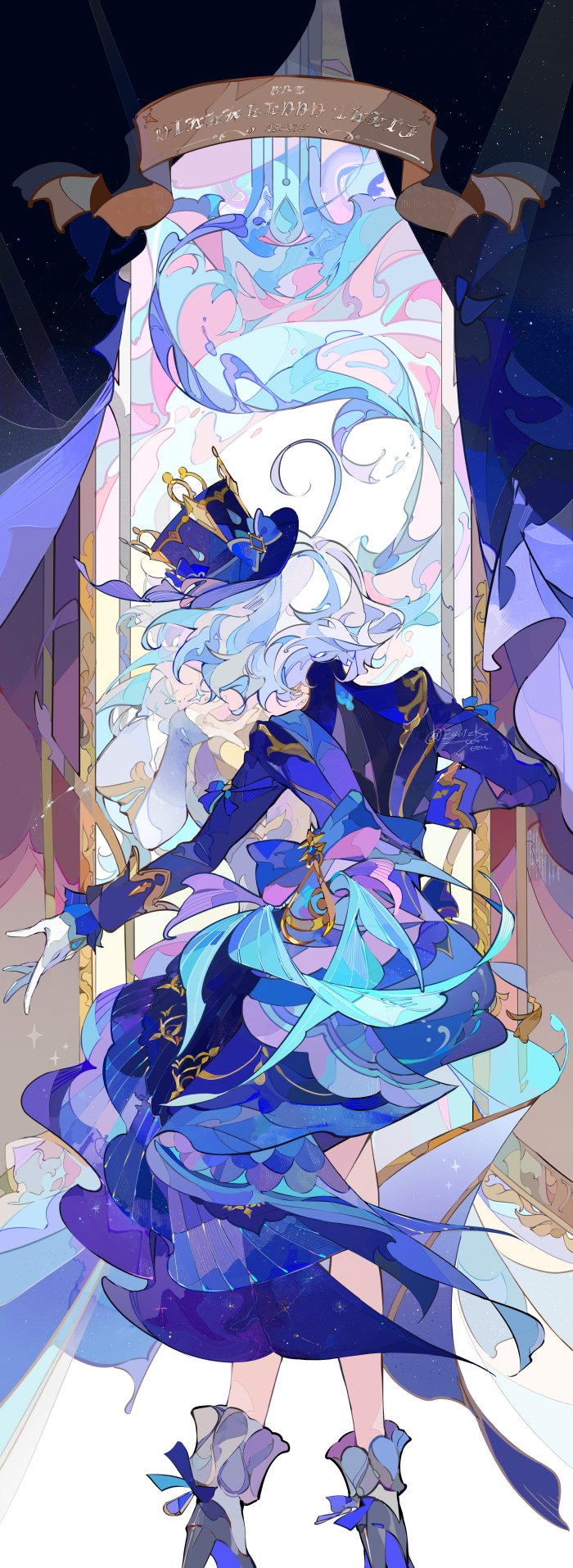 2girls, ahoge, artist_name, black_footwear, blue_bow, blue_hair, blue_headwear, blue_jacket, bow, curtains, dancing, ezu_(e104mjd), focalors_(genshin_impact), from_behind, full_body, furina_(genshin_impact), genshin_impact, gloves, hat, highres, indoors, jacket, legs, light_blue_hair, multicolored_hair, multiple_girls, short_hair, signature, socks, solo_focus, spirit, standing, streaked_hair, top_hat, two-tone_hair, white_gloves, white_socks