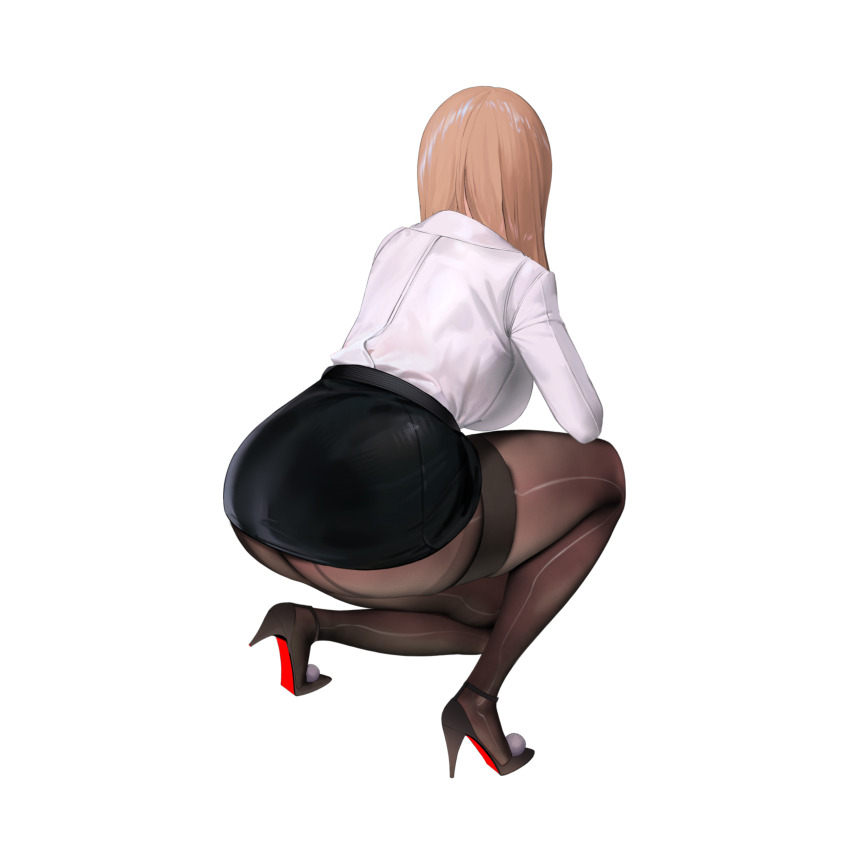 1girl, absurdres, ass, between_breasts, blonde_hair, blush, breasts, cleavage, collared_shirt, dress_shirt, emma_(nikke), emma_(office_therapy)_(nikke), full_body, goddess_of_victory:_nikke, gun, handgun, high_heels, highres, huge_breasts, hyulla, large_breasts, long_hair, looking_at_viewer, office_lady, official_art, open_mouth, pantyhose, pencil_skirt, revolver, s, shirt, skirt, smith_&amp;_wesson_m&amp;p, smith_&amp;_wesson_model_10, smith_&amp;_wesson_model_27, smith_&amp;_wesson_model_29, smith_&amp;_wesson_model_39, smith_&amp;_wesson_model_3914, smith_&amp;_wesson_model_500, smith_&amp;_wesson_model_59, smith_&amp;_wesson_model_627, smith_&amp;_wesson_model_66, smith_&amp;_wesson_model_76, smith_&amp;_wesson_model_m&amp;p_r8, solo, squatting, weapon, white_shirt