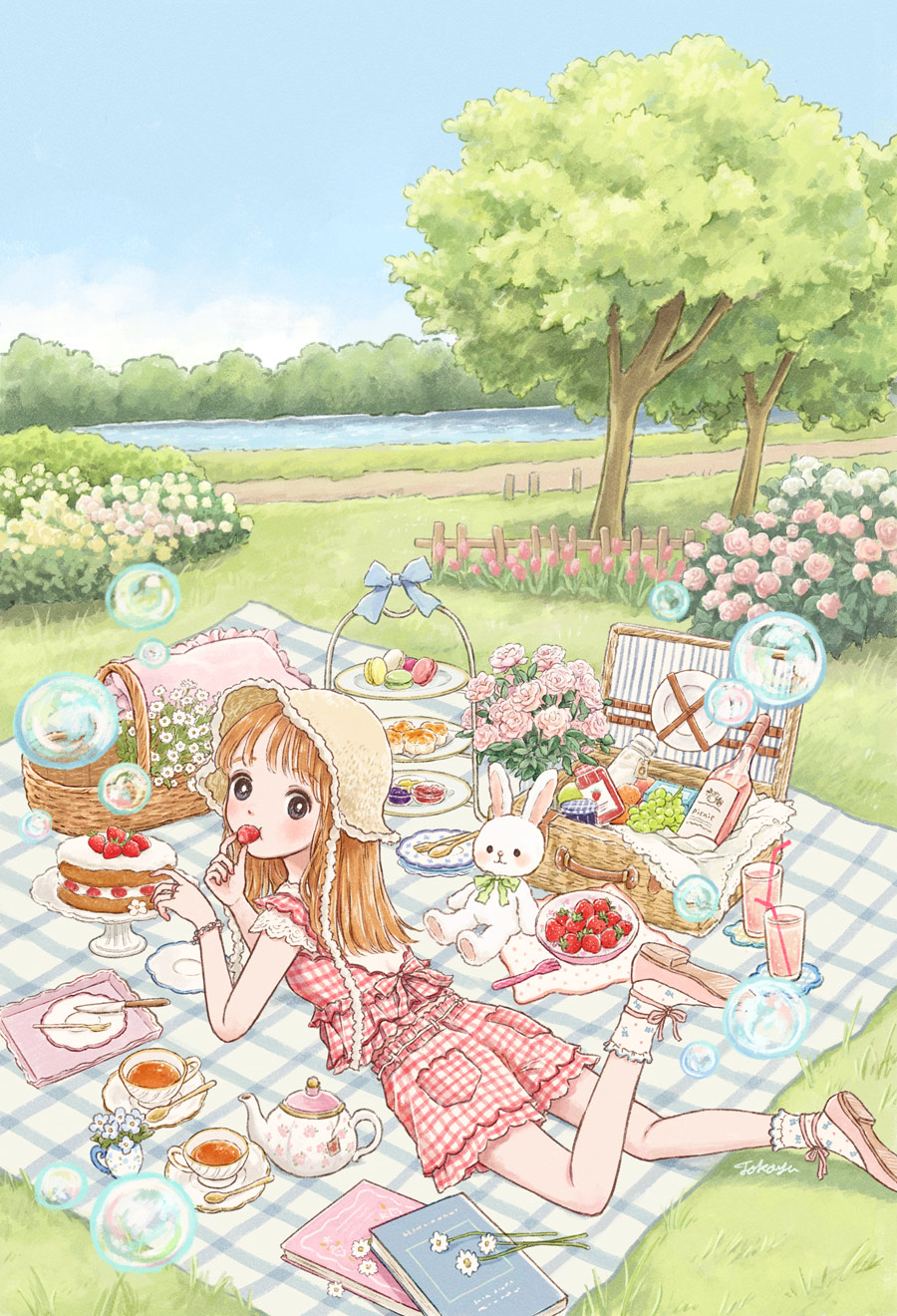 1girl, artist_name, basket, biscuit_(bread), black_eyes, blanket, blue_bow, blue_flower