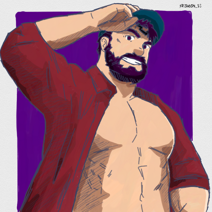 1boy, bara, beard, clothed_sex, curious, facial_hair, fake_facial_hair, fake_mustache, flat_chest, full_beard, hat, male_focus, muscular, muscular_male, mustache, nipples, non-web_source, open_clothes, open_shirt, red_shirt, shirt, smile, solo, uncensored, yaoi, yatsuoshi_53, yatsuoshi_yoshikawa_(yatsuoshi_53)