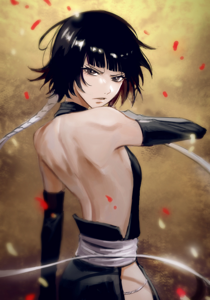 1girl, 22nae2, backless_outfit, black_hair, black_hakama, black_kimono, bleach, bleach:_sennen_kessen-hen, breasts, hakama, japanese_clothes, kimono, shinigami, short_hair_with_long_locks, sideboob, sideless_outfit, small_breasts, sui-feng