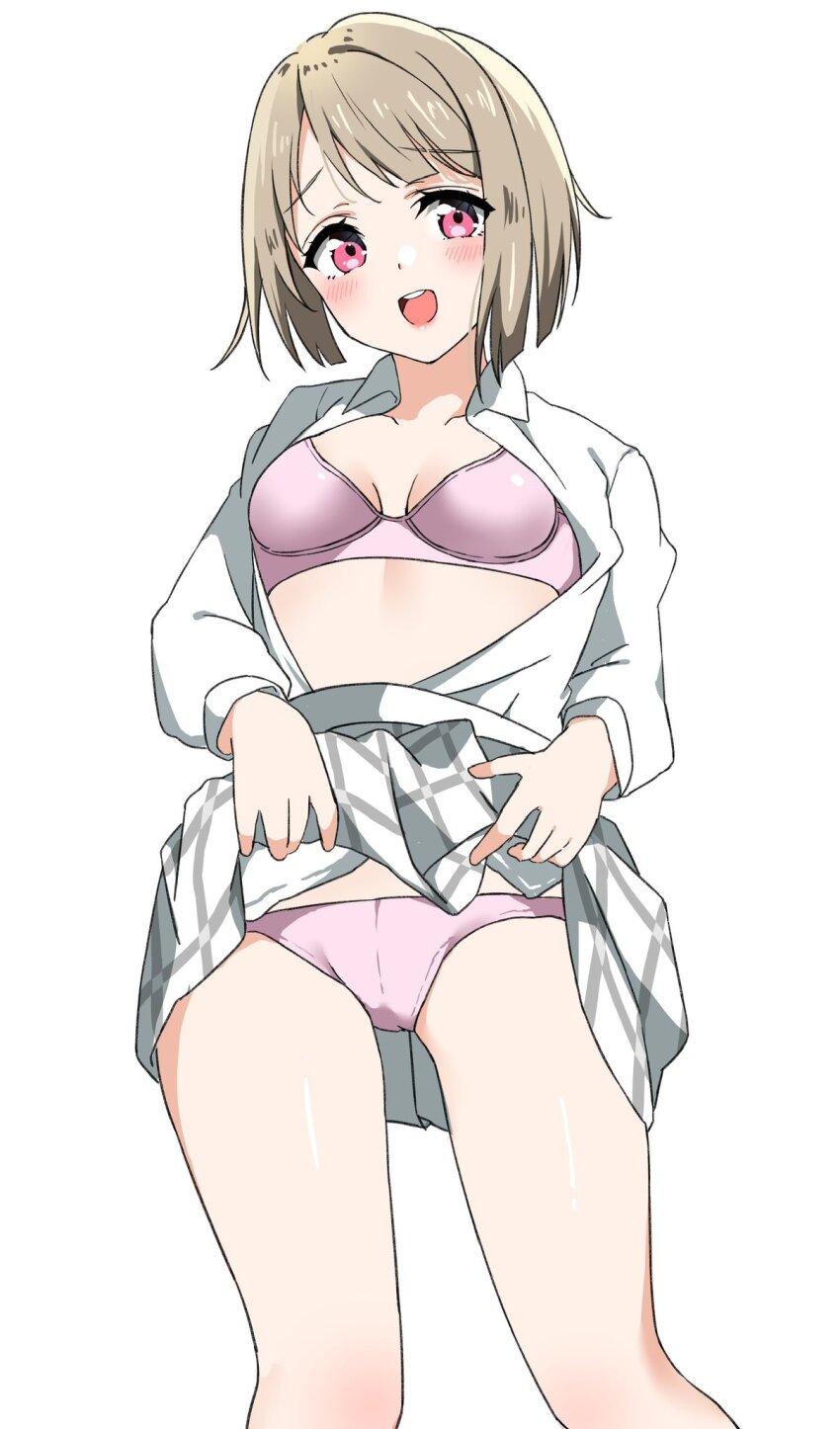 1girl, bien_(djpwjd1), bra, brown_hair, clothes_lift, collared_shirt, dress_shirt, grey_skirt