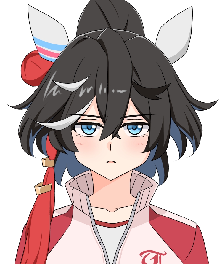 1girl, animal_ears, black_hair, blue_eyes, commentary_request, ear_covers, hair_between_eyes, hair_ornament, haru_(pntre25), horse_ears, horse_girl, jacket, katsuragi_ace_(umamusume), light_blush, long_sleeves, looking_at_viewer, medium_hair, multicolored_hair, parted_lips, ponytail, red_jacket, simple_background, solo, streaked_hair, tassel, tassel_hair_ornament, tracen_training_uniform, track_jacket, umamusume, upper_body, white_background, white_hair