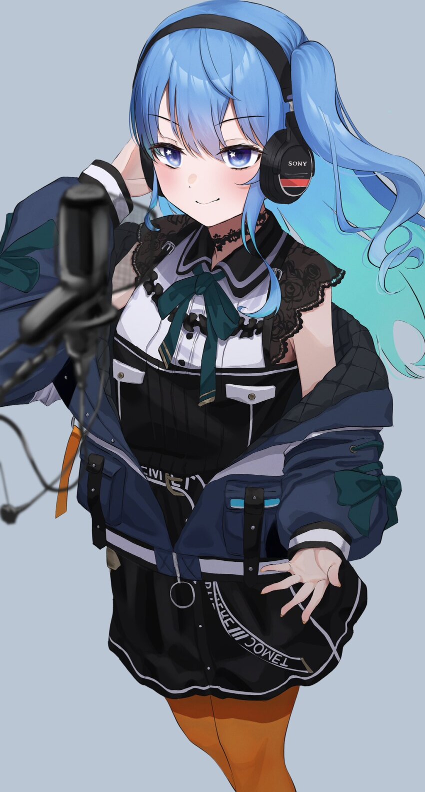 1girl, aqua_hair, asymmetrical_hair, black_choker, black_shirt, black_skirt, blue_eyes, blue_hair