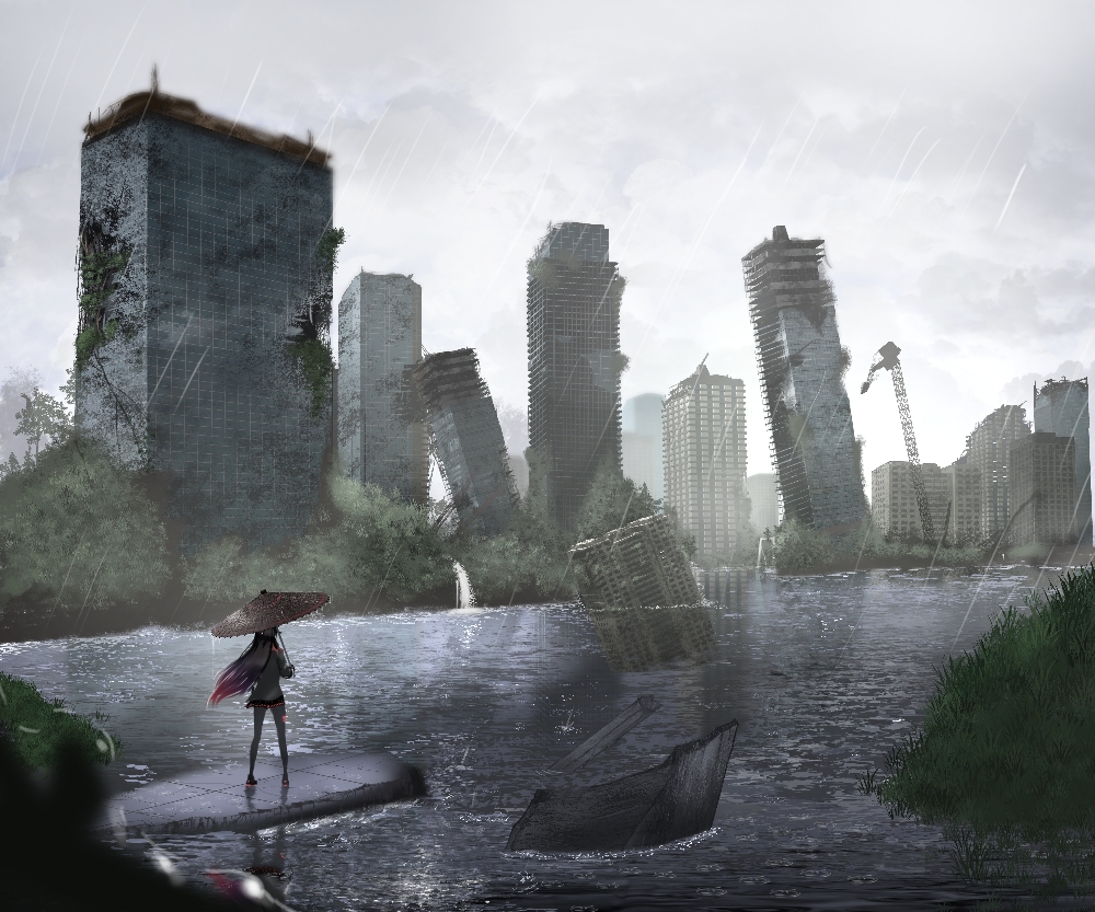 1girl, black_hair, black_jacket, black_pantyhose, black_skirt, gradient_hair, holding, holding_umbrella