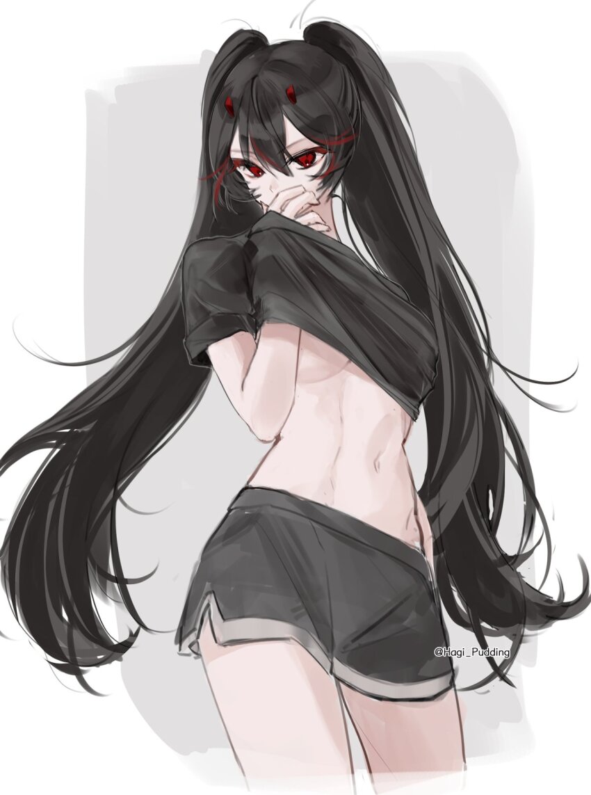 1girl, abs, black_hair, black_shirt, black_shorts, covering_own_mouth, hair_between_eyes, hand_over_own_mouth