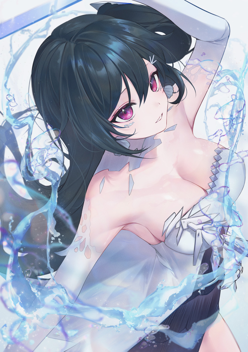 1girl, black_hair, breasts, cleavage, detached_sleeves, dress, earrings, elbow_gloves