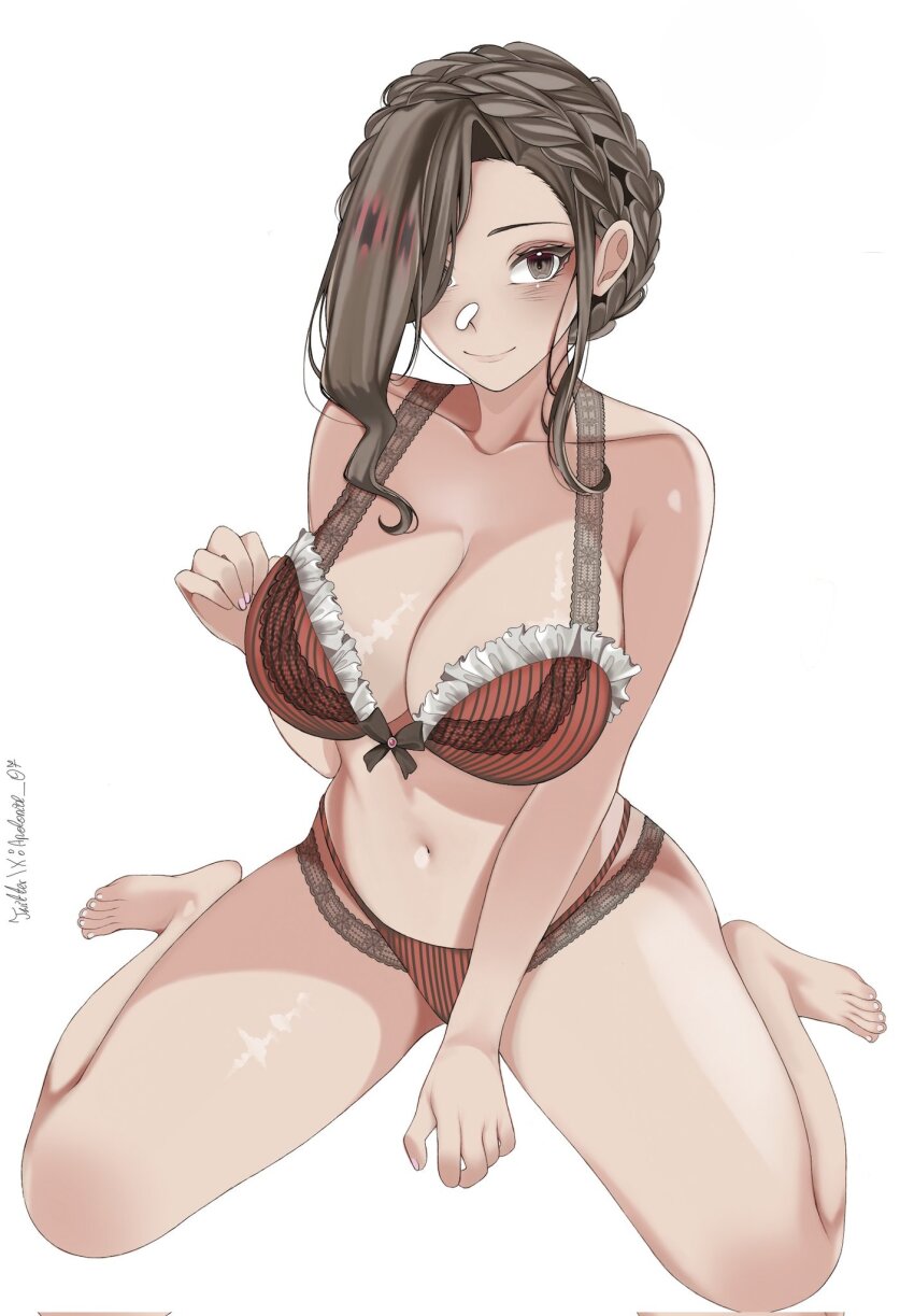 1girl, ace_attorney, ace_attorney_investigations, ace_attorney_investigations_2:_prosecutor's_gambit, apolonia_07, artist_name, bra, braid, breasts, brown_eyes, brown_hair, cleavage, corrupted_twitter_file, crown_braid, female_focus, frilled_bra, frills, hair_over_one_eye, highres, lingerie, mature_female, mikagami_hakari, navel, panties, self-upload, signature, solo, striped_bra, striped_clothes, striped_panties, underwear, underwear_only