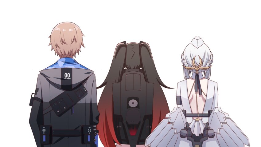 1boy, 2girls, armband, backless_dress, backless_outfit, black_armband, black_hair, black_jacket