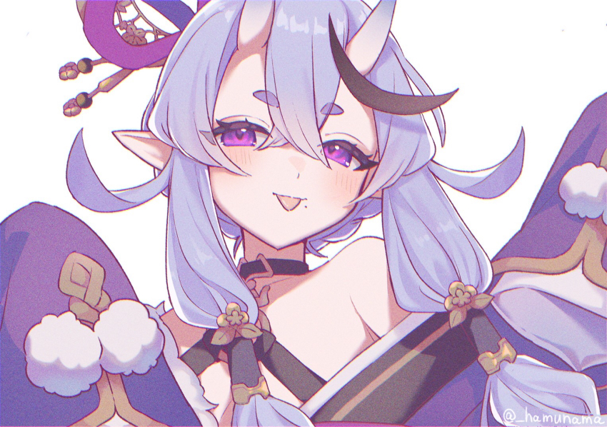 1girl, :p, bare_shoulders, black_choker, blush, chest_harness, choker, commentary_request