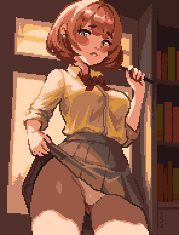 1girl, ai-assisted, blush, breasts, brown_hair, clothes_lift, earrings, green_eyes, jewelry, large_breasts, looking_at_viewer, panties, pantyshot, penny_(stardew_valley), shirt, short_hair, skirt, skirt_lift, smile, solo, stardew_valley, thisislux, underwear