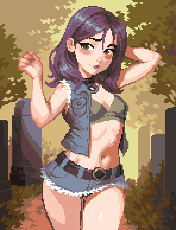1girl, abigail_(stardew_valley), ai-assisted, blush, breasts, cleavage, denim, denim_skirt, denim_vest, graveyard, green_eyes, long_hair, looking_at_viewer, medium_breasts, miniskirt, navel, open_clothes, purple_hair, skirt, smile, solo, stardew_valley, thisislux