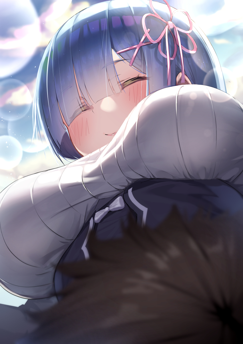 1girl, absurdres, blue_eyes, blue_hair, blush, breasts, closed_eyes, cloud