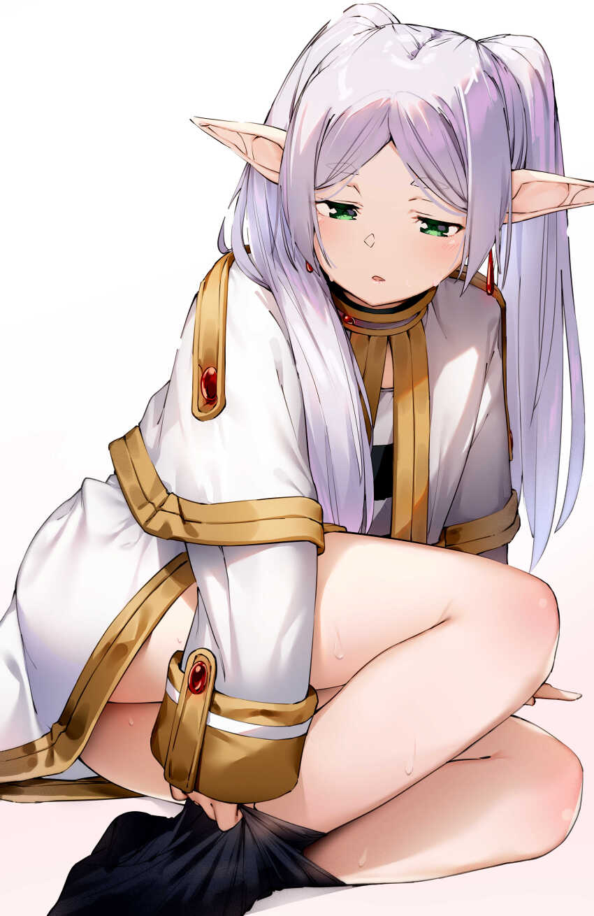 1girl, absurdres, black_pantyhose, capelet, clothes_pull, commentary_request, dress, earrings