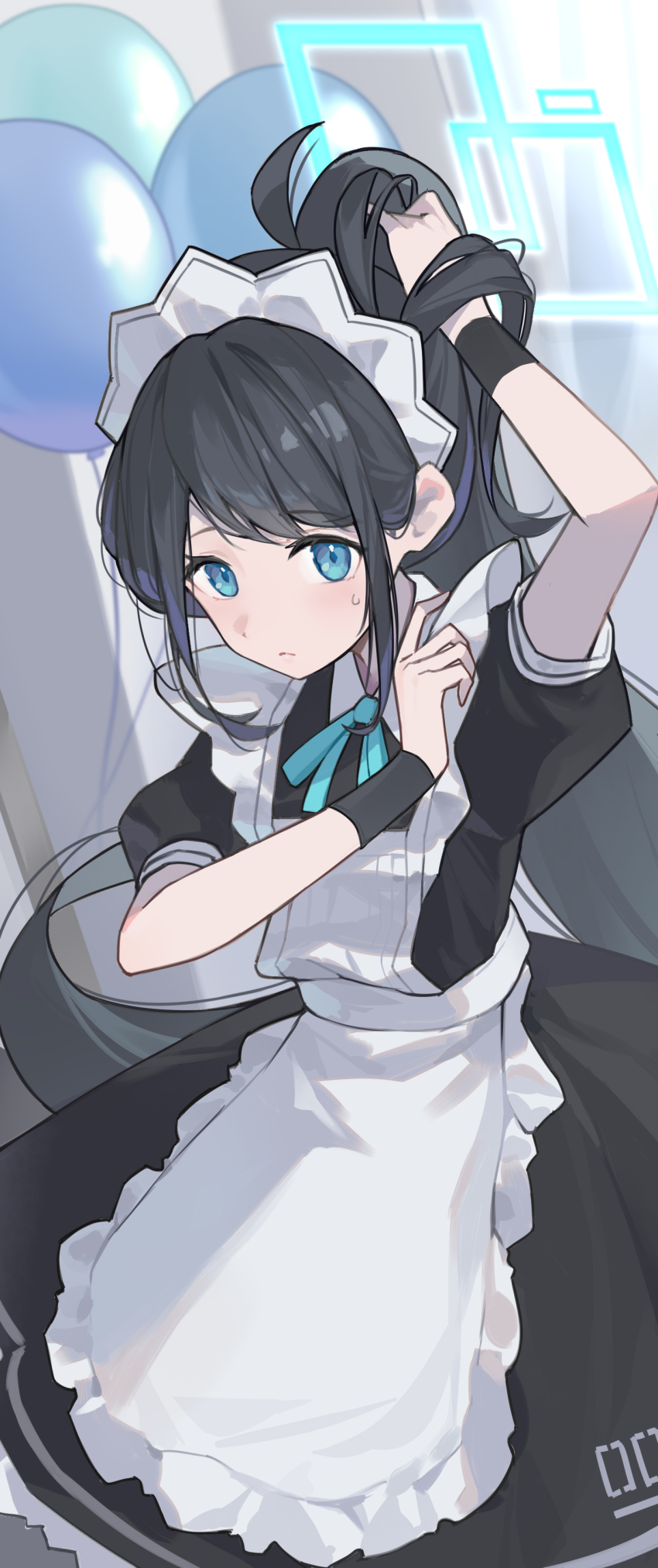 1girl, absurdres, apron, aris_(blue_archive), aris_(maid)_(blue_archive), black_hair, black_skirt, blue_archive
