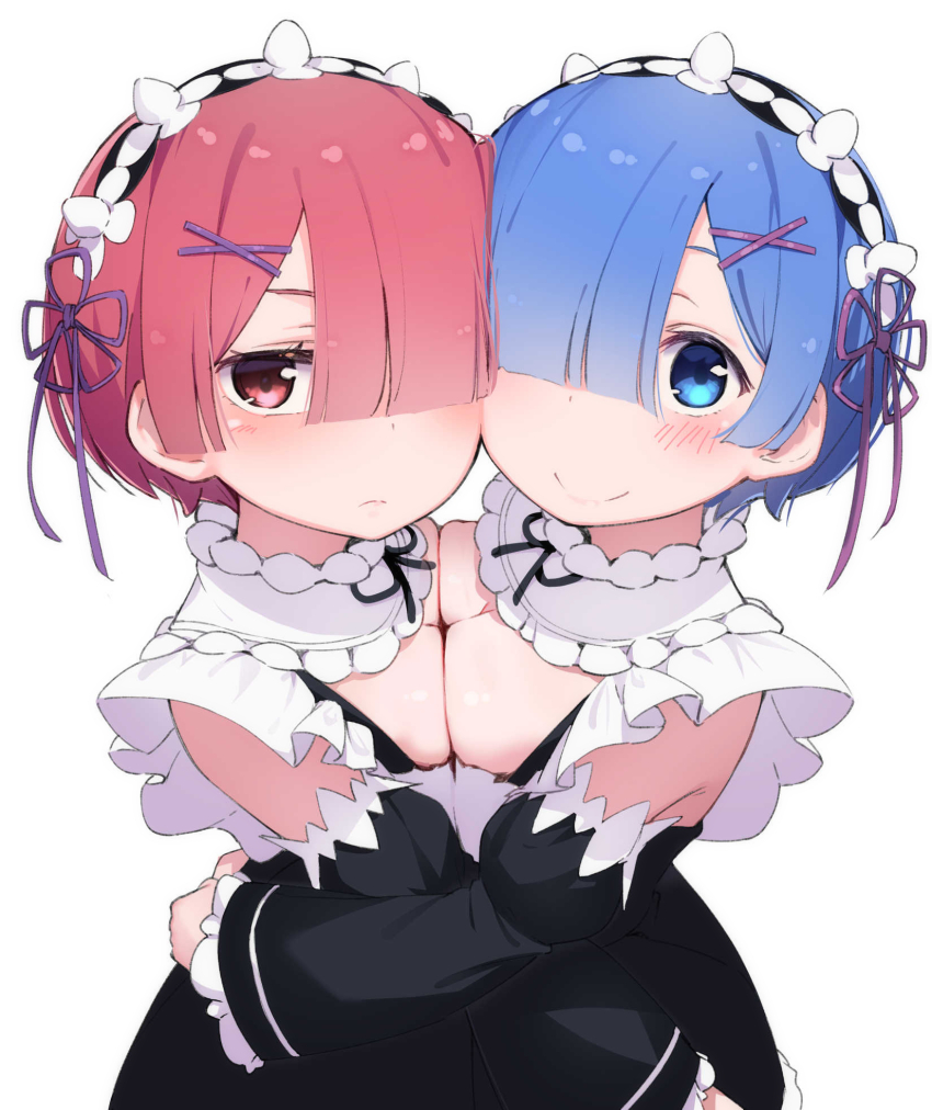 2girls, asymmetrical_docking, blue_eyes, blue_hair, blush, breast_press, breasts, cheek-to-cheek