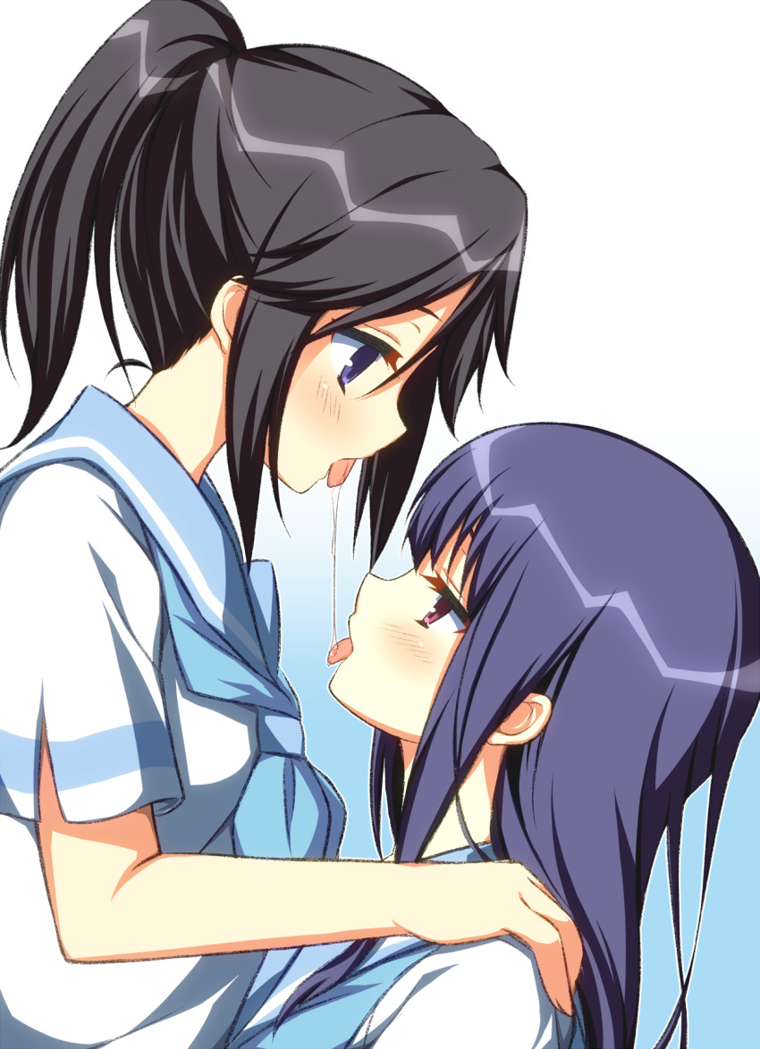2girls, asagi_nanami, black_hair, blue_background, blue_eyes, blue_hair, blue_neckerchief, blue_sailor_collar, blush, commentary_request, dark_blue_hair, from_side, gradient_background, hair_between_eyes, hand_on_another's_shoulder, hibike!_euphonium, highres, kasaki_nozomi, liz_to_aoi_tori, long_hair, looking_at_another, medium_hair, multiple_girls, neckerchief, ponytail, profile, red_eyes, sailor_collar, saliva, saliva_swap, school_uniform, serafuku, shirt, short_sleeves, sidelocks, simple_background, spitting, spitting_in_another's_mouth, spitting_on_another, straight_hair, tongue, tongue_out, upper_body, white_background, white_shirt, yoroizuka_mizore, yuri