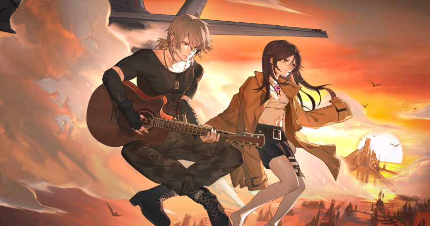 1boy, 1girl, above_clouds, absurdres, acoustic_guitar, aircraft, bandaid, bandaid_on_cheek