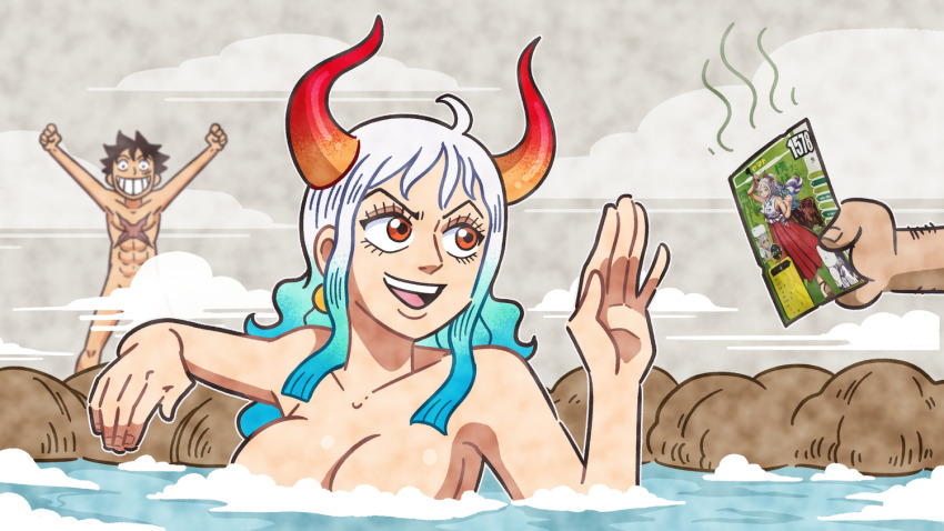 1boy, 1girl, 1other, abs, aqua_hair, arms_up, black_hair, breasts, card, censored, censored_nipples, convenient_censoring, gradient_background, horns, large_breasts, monkey_d._luffy, muscular, muscular_male, nails, one_piece, onsen, orange_eyes, scar, scar_on_breasts, smile, steve_yurko, victory_pose, water, white_hair, yamato_(one_piece)
