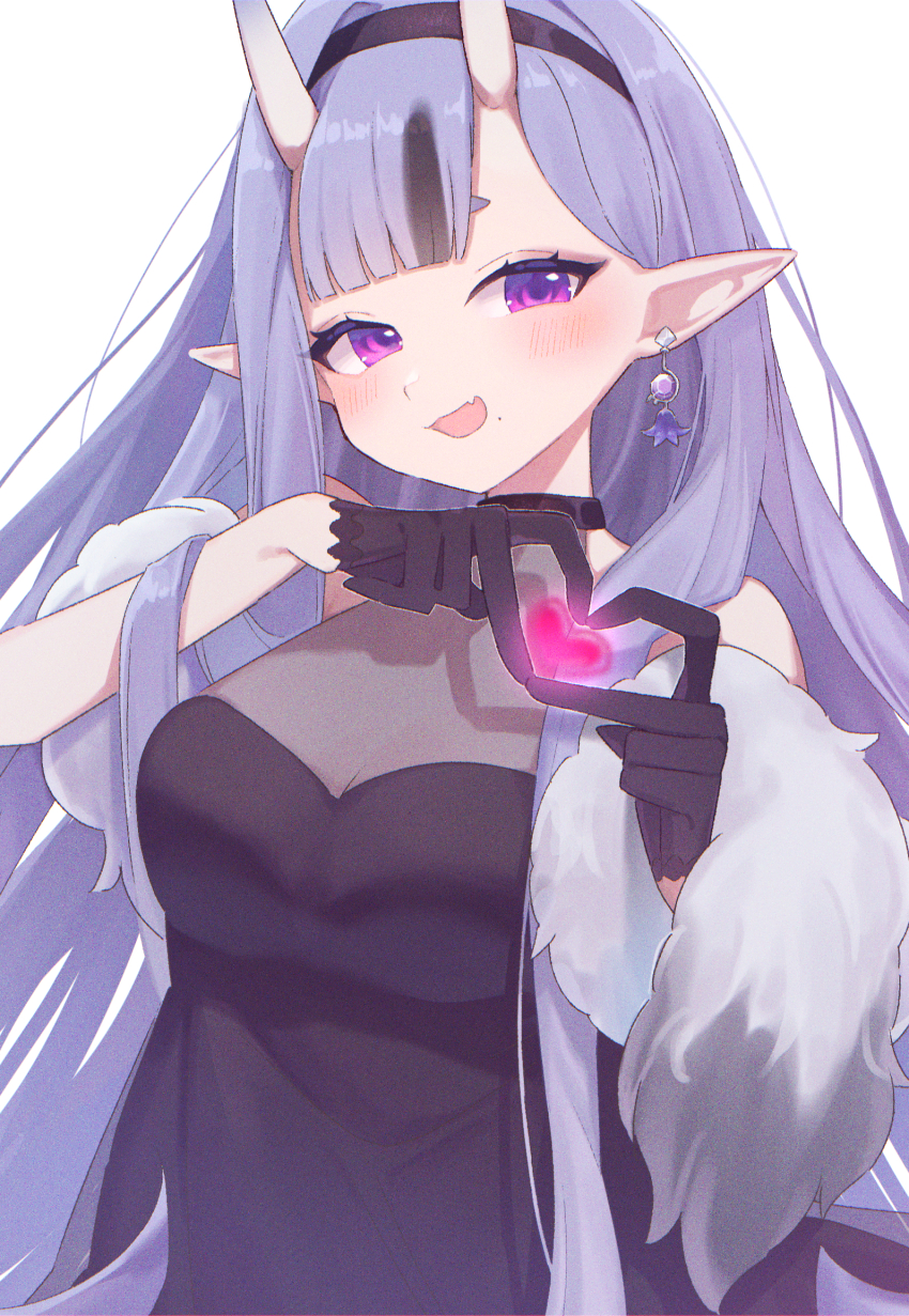 1girl, :d, bare_shoulders, black_dress, black_gloves, black_hair, black_hairband, blunt_bangs