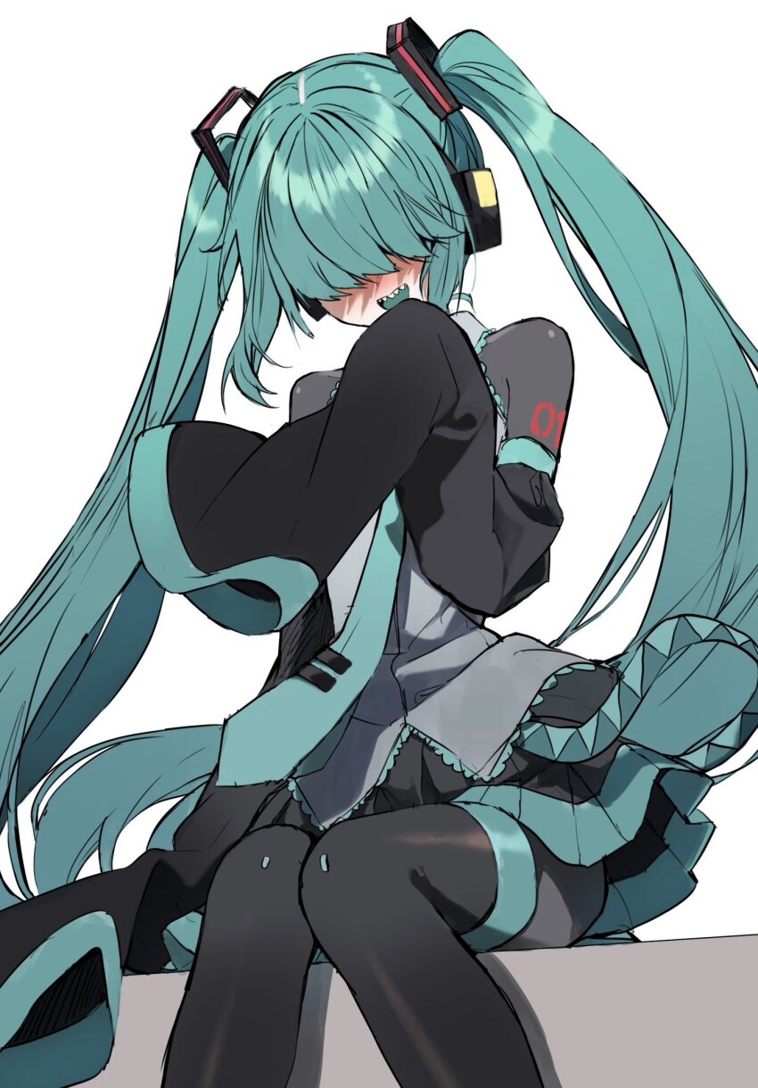 1girl, aqua_hair, black_skirt, black_thighhighs, blue_trim, blunt_bangs, detached_sleeves, eyebrows_hidden_by_hair, grey_shirt, hair_over_eyes, hand_up, hatsune_miku, headphones, highres, long_hair, long_sleeves, mekakure_miku_(homma_nuruneko), necktie, number_tattoo, open_mouth, pentagon_(railgun_ky1206), shirt, sitting, skirt, sleeves_past_wrists, solo, tattoo, thighhighs, twintails, vocaloid, wide_sleeves