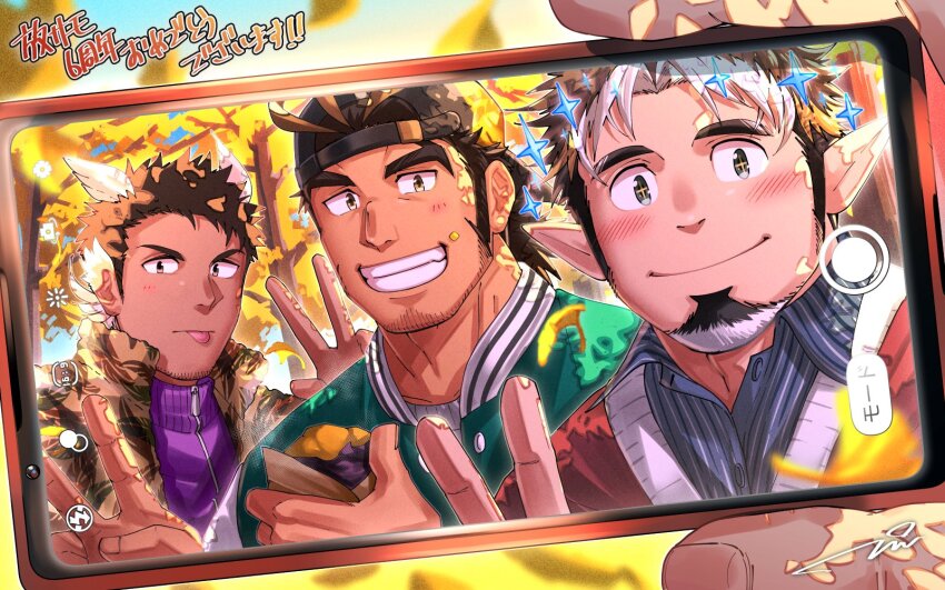 3boys, backwards_hat, bara, facial_hair, goatee, grin, hat, head_wings