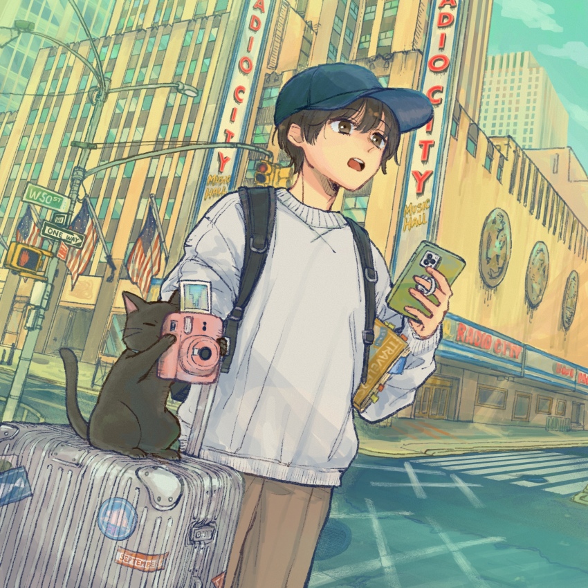 1boy, :o, american_flag, backpack, bag, baseball_cap, black_cat, black_hair