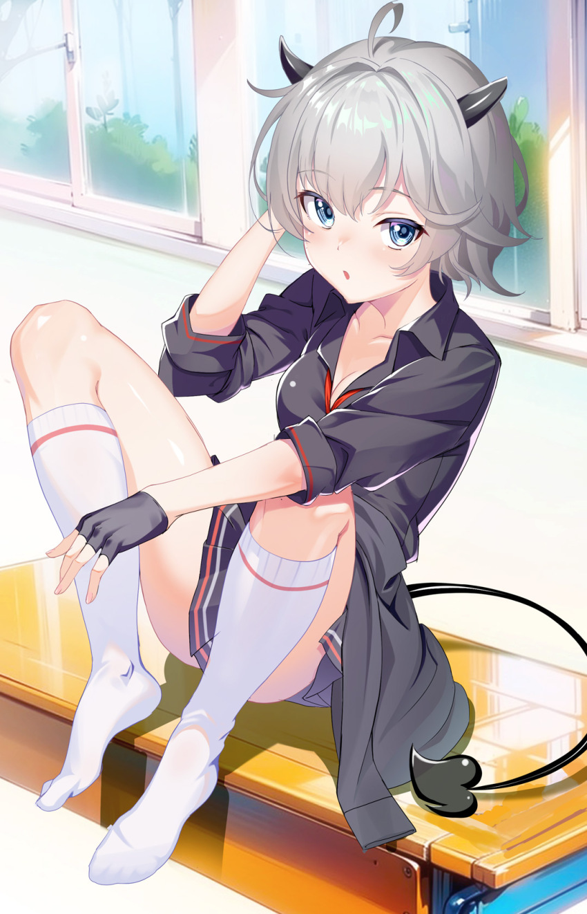 1girl, :o, ahoge, arm_up, black_gloves, black_shirt, black_skirt, blue_archive, blue_eyes, breasts, cleavage, clothes_around_waist, erika_(blue_archive), fingerless_gloves, gloves, grey_hair, hair_intakes, highres, horns, indoors, kneehighs, looking_at_viewer, miniskirt, no_shoes, shirt, short_hair, sitting, sitting_on_table, skirt, sleeves_rolled_up, small_breasts, socks, solo, table, tail, takase_hiro, white_socks, window