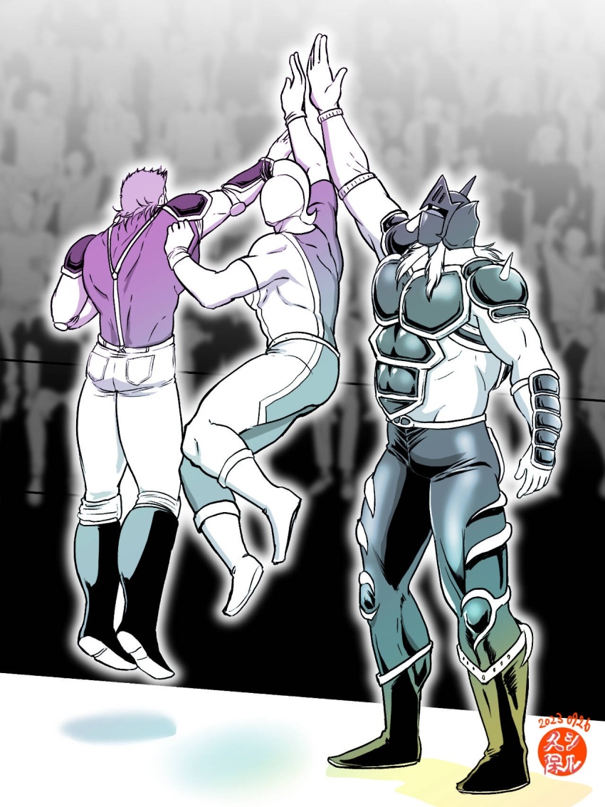 3boys, abs, artist_request, biceps, gloves, highres, horns, jumping