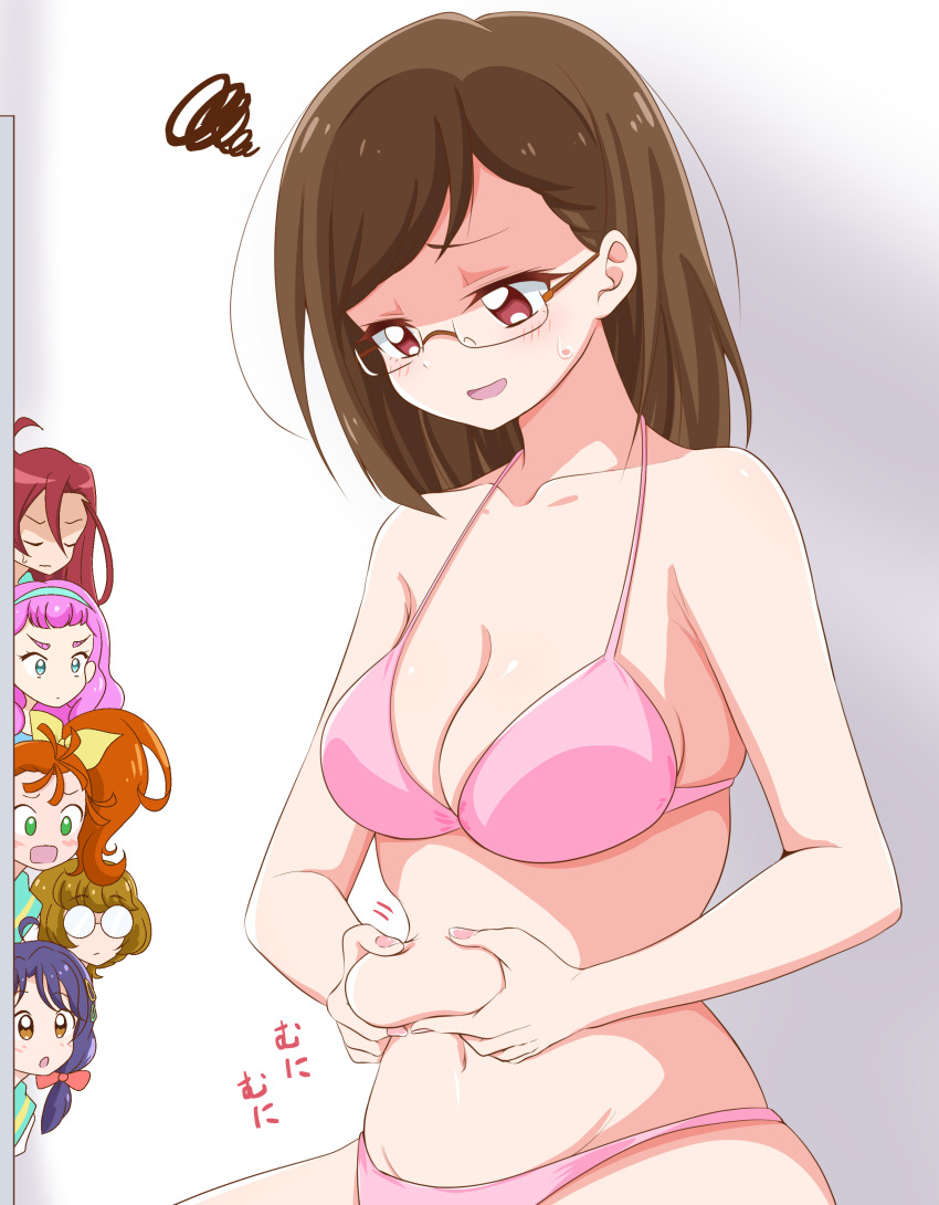 6+girls, absurdres, aozora_middle_school_uniform, around_corner, belly_grab, bikini, blue_eyes, blue_hair