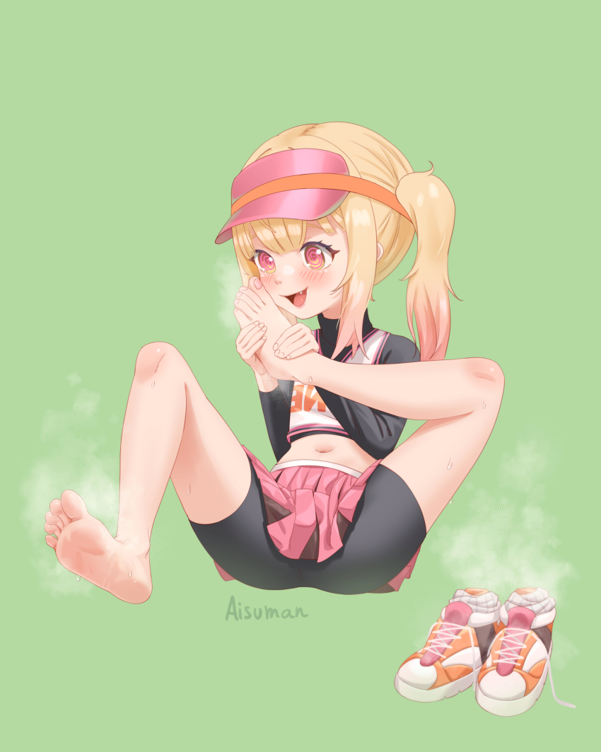 1girl, @_@, absurdres, aisuman, bare_legs, barefoot, bike_shorts, blonde_hair