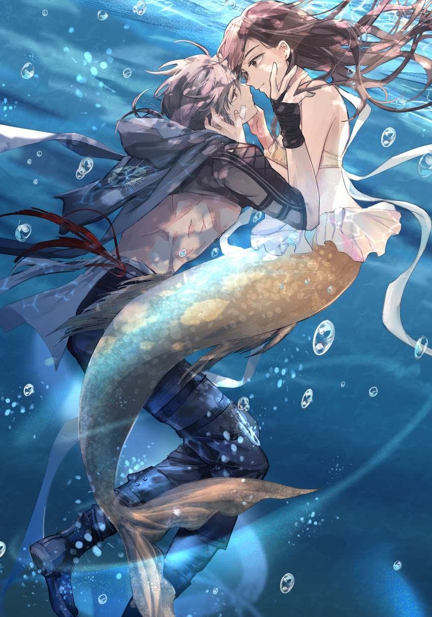 1boy, 1girl, absurdres, air_bubble, bandaid, bandaid_on_face, bare_back, bare_shoulders, black_footwear, black_pants, black_shrug, boots, bra, brown_eyes, brown_hair, bubble, capelet, chinese_commentary, commandant_(pgr), commentary, compass_print, cross-laced_clothes, face-to-face, fins, fish_tail, foot_out_of_frame, frilled_skirt, frills, glowing_skin, grey_hair, hand_on_another's_cheek, hand_on_another's_face, hand_wraps, hejiu, highres, hood, hood_down, hooded_capelet, imminent_kiss, knee_boots, long_hair, mermaid, monster_girl, monsterification, obliques, official_alternate_costume, pants, pectorals, print_capelet, punishing:_gray_raven, sash, short_hair, shrug_(clothing), sidepec, skirt, tail, thigh_strap, toned, toned_male, underwater, underwear, watanabe:_astral_(captain_hook)_(pgr), watanabe:_astral_(captain_hook)_(punishing:_gray_raven), watanabe_(pgr), white_skirt, yellow_bra