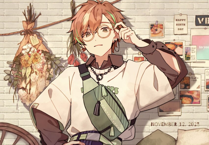 1boy, adjusting_eyewear, bag, belt, bespectacled, blonde_hair, bouquet, closed_mouth, collared_shirt, commentary, dated, doi_(ram_pam_pumpkin), earrings, fingernails, flower, glasses, green_hair, hand_on_own_hip, hand_up, highres, hipster, jewelry, layered_sleeves, long_sleeves, looking_at_viewer, male_focus, multicolored_hair, necklace, official_alternate_hairstyle, orange_hair, photo_(object), project_sekai, shinonome_akito, shirt, short_hair, short_over_long_sleeves, short_sleeves, solo, stray_bad_dog_(project_sekai), streaked_hair, untranslatable_commentary, teeth, two-tone_hair, upper_teeth_only