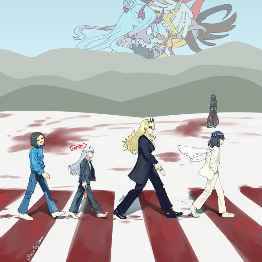 2girls, 5boys, abbey_road, animal_ears, arms_behind_back, barefoot, barghest_(fate), bart_simpson