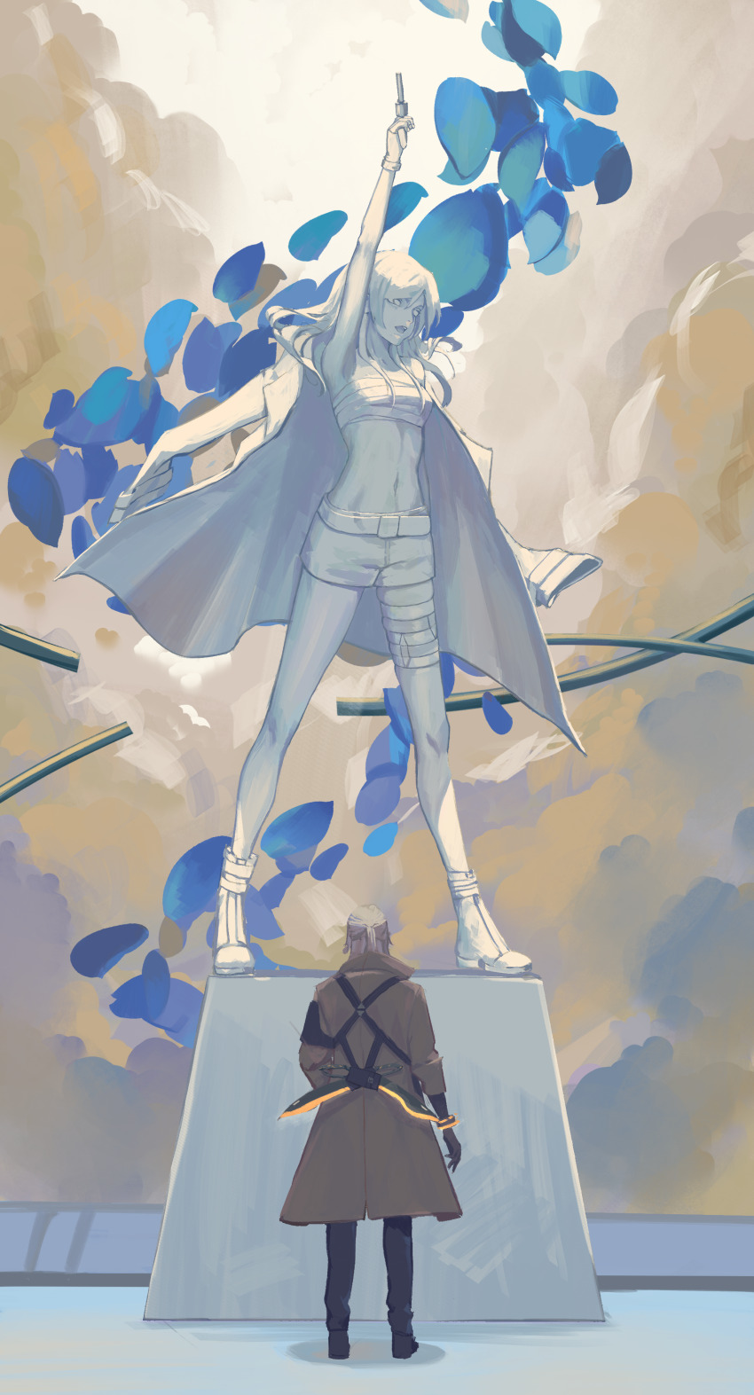 1boy, absurdres, arm_up, back, black_footwear, black_pants, blue_petals, bracelet