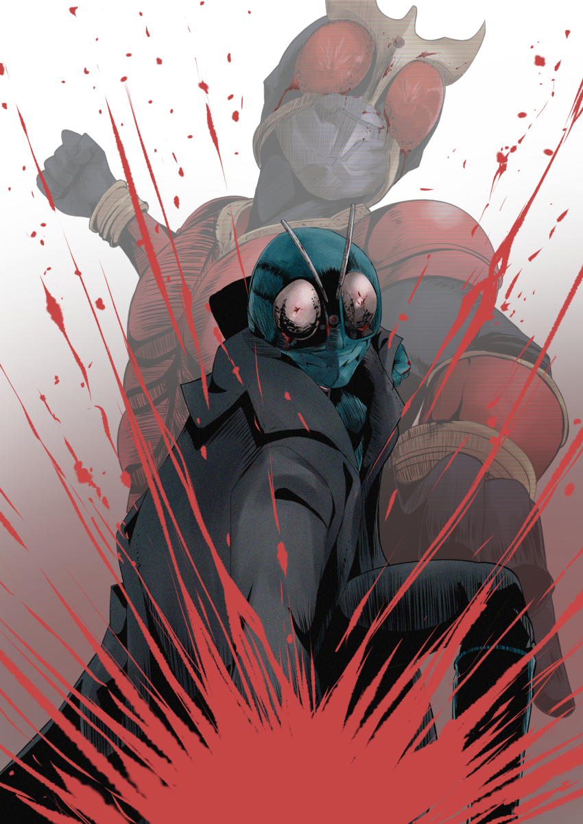 2boys, absurdres, antennae, armor, black_coat, black_gloves, blood, blood_splatter