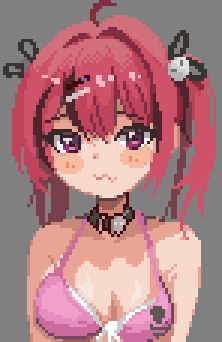 1girl, bikini, black_hair, blush_stickers, goddess_of_victory:_nikke, hair_ornament, konatae, long_hair, mast_(a_pirate's_heart)_(nikke), mast_(nikke), multicolored_hair, official_alternate_costume, pink_bikini, pixel_art, red_eyes, red_hair, short_twintails, skull_choker, skull_hair_ornament, solo, streaked_hair, swimsuit, twintails, wavy_mouth