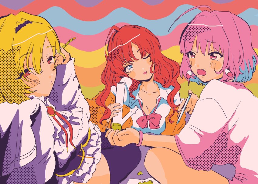 3girls, :3, ahoge, ascot, black_hairband, black_thighhighs, blonde_hair, blue_eyes