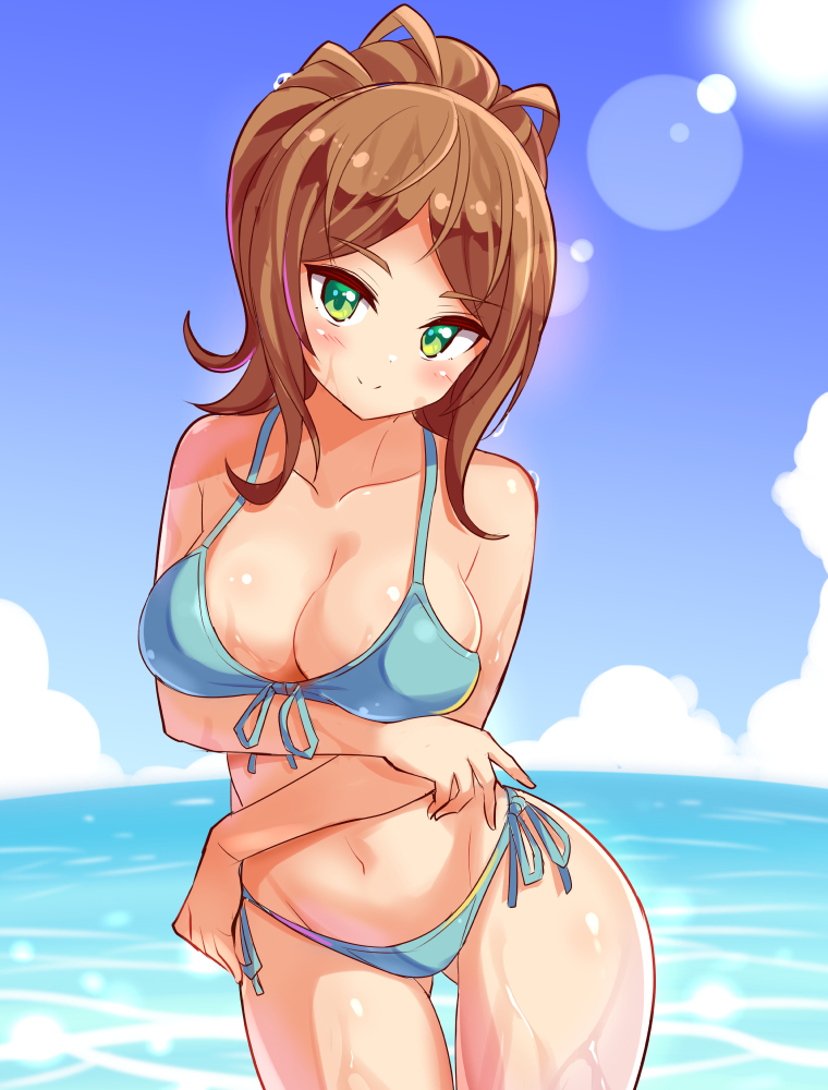 1girl, azure_striker_gunvolt, bikini, blue_sky, breast_hold, breasts, brown_hair, cleavage