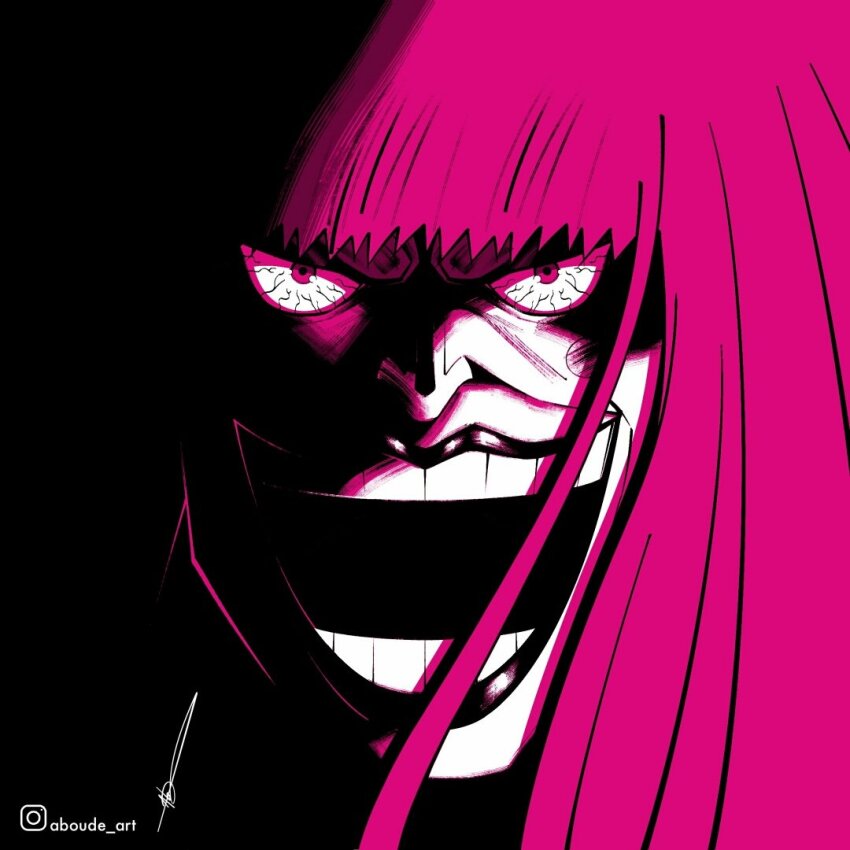 1boy, aboude_art, artist_name, bloodshot_eyes, blunt_bangs, blush_stickers, commentary, evil_smile