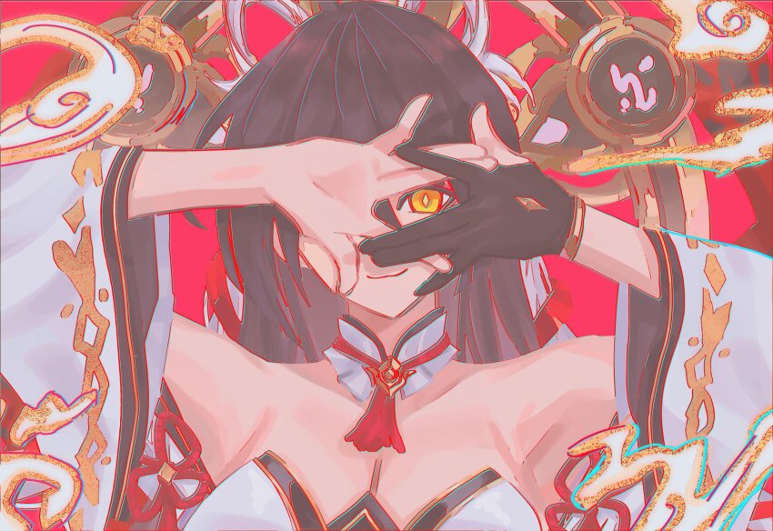 1girl, absurdres, armpits, arms_up, bare_shoulders, black_gloves, black_hair, breasts, chromatic_aberration, cleavage, closed_mouth, commentary_request, copyright_request, detached_sleeves, gloves, hair_between_eyes, highres, long_hair, long_sleeves, looking_at_viewer, medium_breasts, partially_fingerless_gloves, red_background, simple_background, single_glove, smile, solo, strapless, upper_body, white_sleeves, wide_sleeves, yaho_(bungadance), yellow_eyes