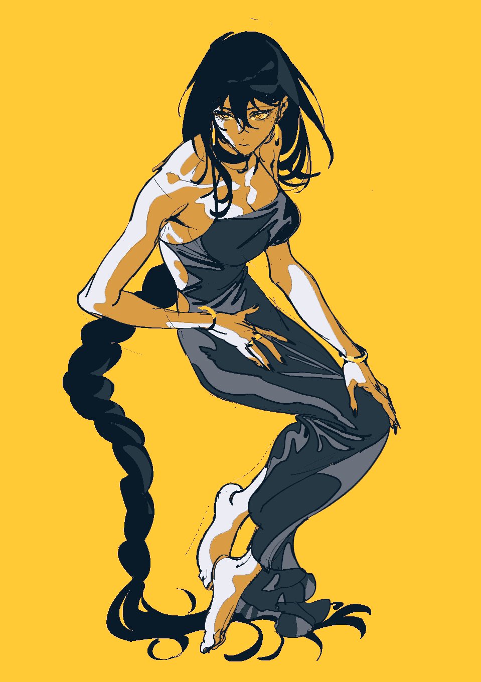 1girl, backless_dress, backless_outfit, bare_shoulders, barefoot, black_hair, black_nails, bracelet