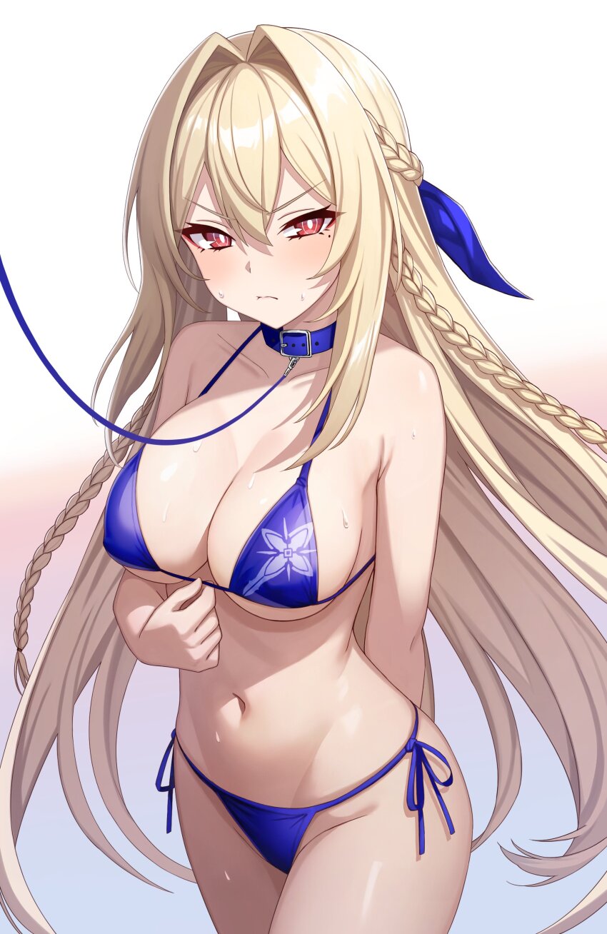 1girl, absurdres, armpit_crease, bare_shoulders, bikini, blonde_hair, blue_bikini, blue_collar, blush, braid, breasts, chain, chain_leash, cleavage, collar, counter:side, ecclesia_(counter:side), female_focus, frown, hair_between_eyes, hair_ribbon, highres, large_breasts, leash, ll_0109, long_hair, looking_at_viewer, mole, mole_under_eye, mors_(counter:side), navel, red_eyes, ribbon, simple_background, solo, sweat, swimsuit, thighs, white_background