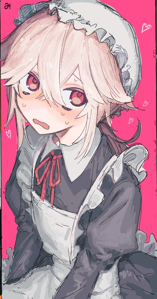alternate_costume, apron, black_dress, blush, bonnet, crossdressing, crossdressing_(mtf), crossed_bangs, dress, enmaided, frilled_apron, frills, genshin_impact, hair_between_eyes, heart, juliet_sleeves, kaedehara_kazuha, komiroku, long_sleeves, looking_at_viewer, maid, open_mouth, pink_background, ponytail, puffy_sleeves, red_eyes, red_ribbon, ribbon, simple_background, solo, trap, white_apron, white_hair