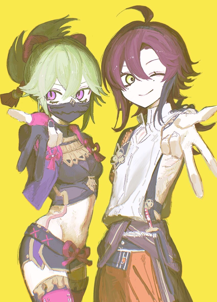 1boy, 1girl, black_hair, black_nails, breasts, clothing_cutout, genshin_impact, gloves