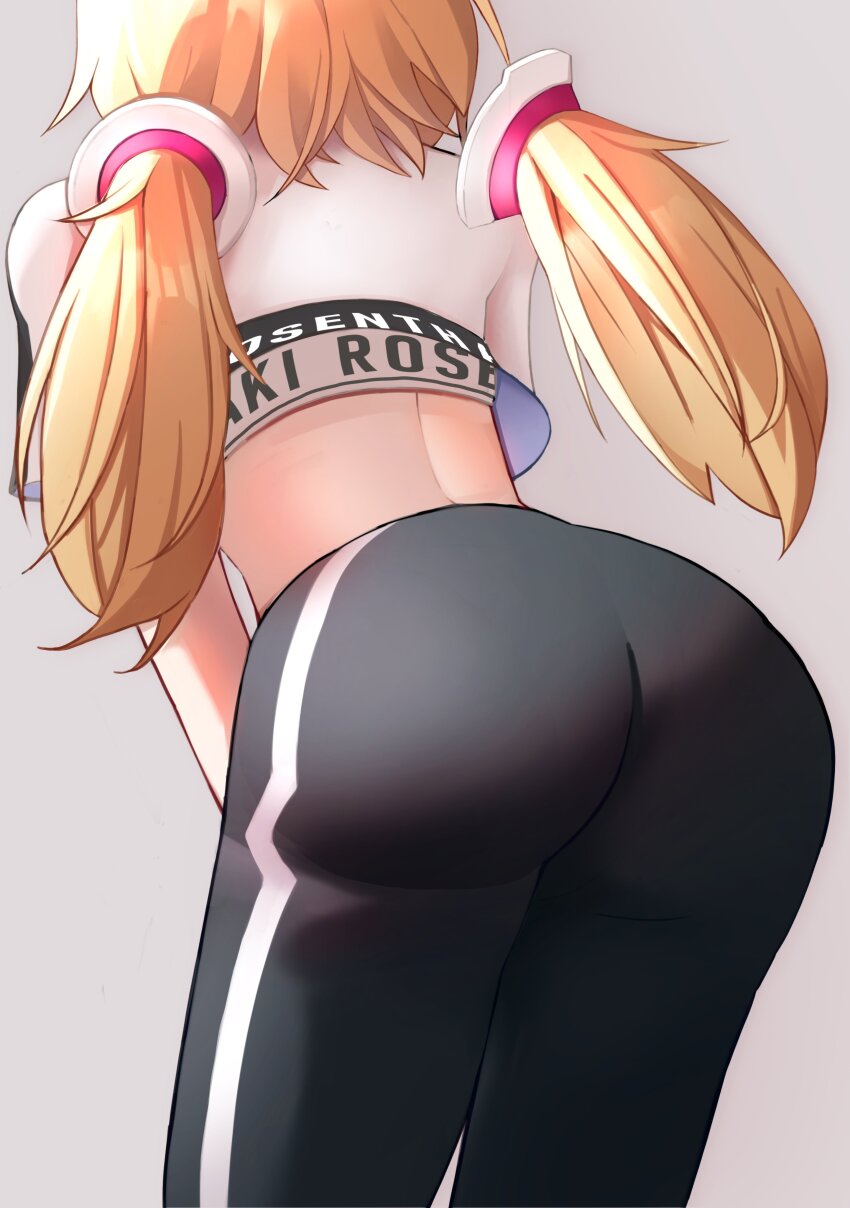 1girl, absurdres, aki_rosenthal, ass, ass_focus, back, black_pants, blonde_hair, character_name, commentary, cropped_torso, naturally_detached_hair, from_behind, grey_background, highres, hololive, hololive_dance_practice_uniform, lavendeavor, leaning_forward, long_hair, median_furrow, official_alternate_costume, pants, simple_background, solo, sports_bra, sweatpants, untranslatable_commentary, twintails, virtual_youtuber