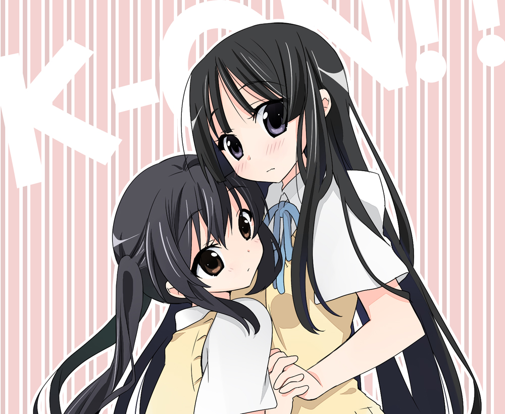 2girls, akiyama_mio, aok_k, black_eyes, black_hair, brown_hair, holding_hands, interlocked_fingers