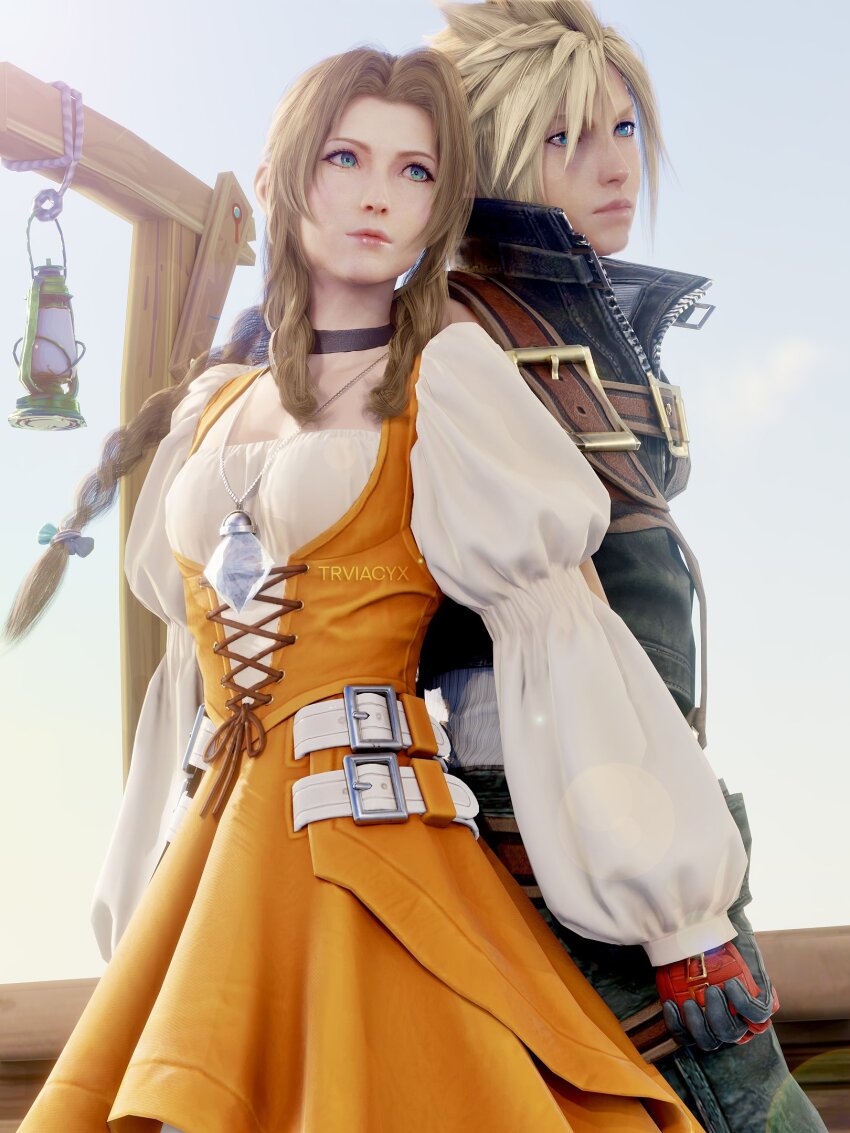 1boy, 1girl, aerith_gainsborough, blonde_hair, blue_eyes, blue_sky, braid, braided_ponytail, brown_hair, choker, cloud_strife, corset, cosplay, dark_blue_gloves, diamond_(gemstone), dress, final_fantasy, final_fantasy_ix, final_fantasy_vii, final_fantasy_vii_remake, frilled_sleeves, frills, garnet_til_alexandros_xvii, garnet_til_alexandros_xvii_(cosplay), gem, gloves, green_eyes, high_collar, highres, holding_hands, jewelry, lamp, lamppost, leather, leather_belt, leather_vest, orange_dress, pendant, red_gloves, sky, spiked_hair, trivia_cyx, vest, white_gem, zidane_tribal, zidane_tribal_(cosplay)
