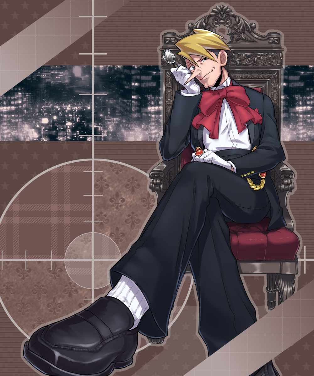 1boy, ace_attorney, black_footwear, black_jacket, black_pants, blonde_hair, bow, chair